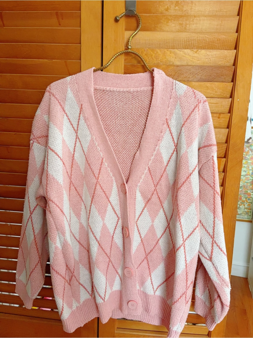 Pink white Argyle Oversized V neck Cardigan Preppy Coquette Sweater